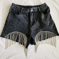 Distressed Black Denim Bombshell Cut-off Shorts w/ Rhinestone Fringe Blue B MED
