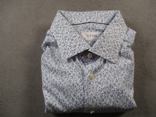 Eton Shirt Mens 17 43 Slim White Blue Floral Print Dress Long Sleeve Button Up - Picture 5 of 12