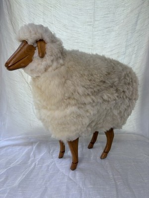 Wool & Carved Wood Lamb Sheep Footrest Nursery Farmhouse Decor