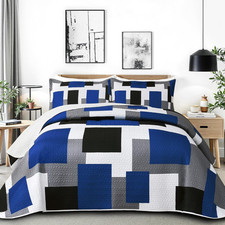 Modern King Size Reversible Blue Grey Quilt Set with 2 Shams - 106"x96