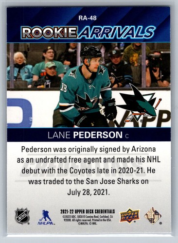 2021-22 Upper Deck Credentials #RA-48 Lane Pederson Rookie Arrivals Sharks - Picture 2 of 2