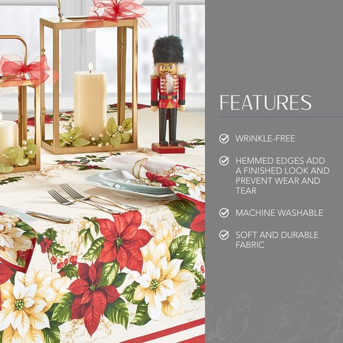 Red and White Poinsettia Holiday Fabric Resistant Tablecloth, 60" x 120", Multi - Picture 3 of 7