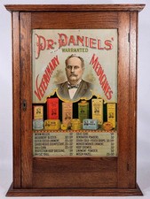 1890s Dr DANIELS VETERINARY MEDICINE COUNTERTOP DISPLAY CABINET TIN SIGN INSERT