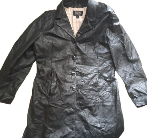 Vintage Wilsons Pelle Studio Leather Jacket Womens XL Black Long Coat Button-Up - Picture 3 of 7