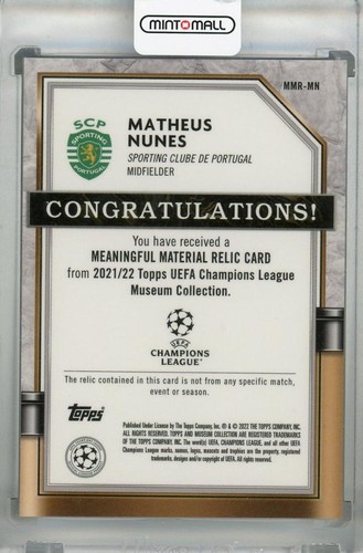 2021-22 Topps Museum Collection Matheus Nunes Material Single Relics RC /250 - Picture 2 of 2