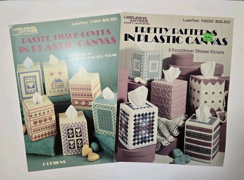 2 Pretty Pastel Tissue Box Covers In Plastic Canvas Pattern Leaflet Leisure Arts