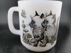 Vintage Glasbake Blue-Eyed Kittens Cat w Flowers and Bee Milk Glass Coffee Mug