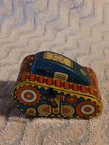 Old Tin Windup Marx Blue & White Top Turnover Tank # 5  4" Long Working 1950s