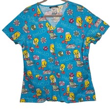 Looney Tunes Blue Yellow Tweety Bird Vneck Scrub Top Size M Pockets