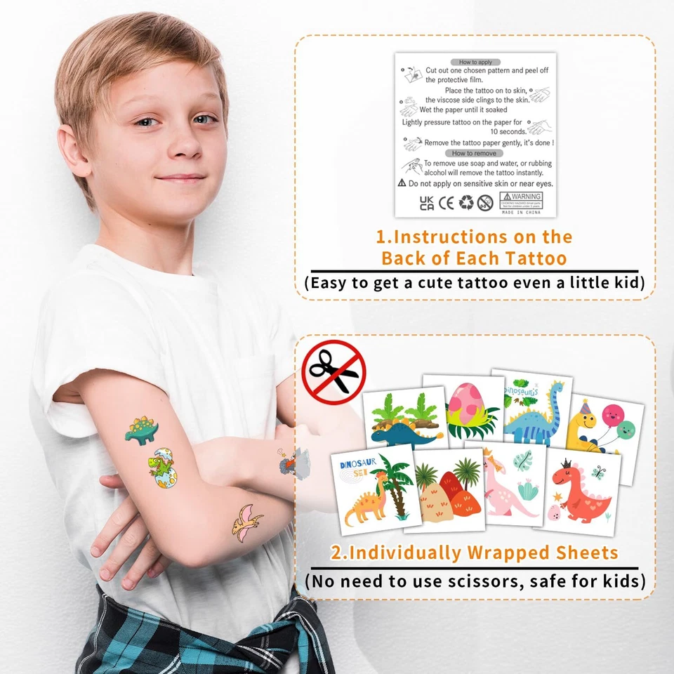 Partywind 408 PIEZAS Dinosaurios Niños Tatuajes Temporales Envueltos Individualmente Corte Ta... Foto 2 de 4