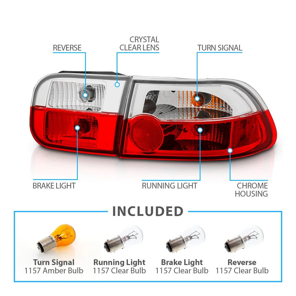 Par de lanternas traseiras vermelhas claras Honda Civic 2/4Dr Coupe/Sedan 1992 1993 1994 1995 - Imagem 4 de 4