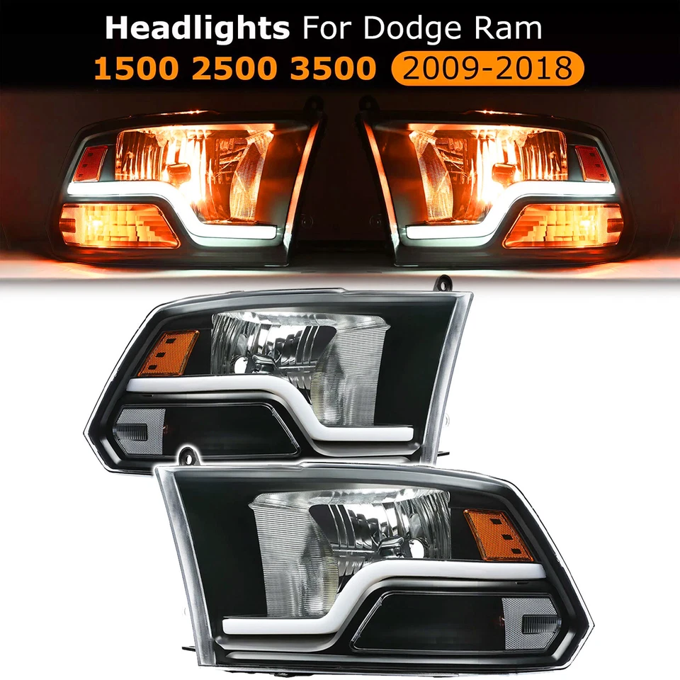For 09-18 Dodge Ram 1500 2500 3500 Headlights Black LED DRL Bar Plank Style Pair Foto 3 de 4