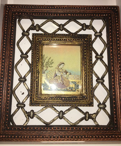 Middle Eastern Wood Framed Work Painting Handmade Art Sataguru Gold Inlay Woman