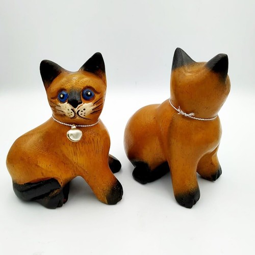 Pair Wooden Cats Hand Carved Statue Figurine Handmade Home Decor Gift So Cute - Picture 9 of 12
