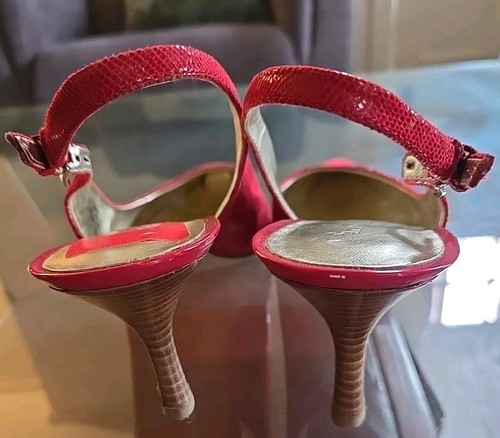 Sandalias Anne Klein Rojo Cereza Charol Tacón Eslinga Trasera/Hebillas Plateadas-9M - Imagen 3 de 5
