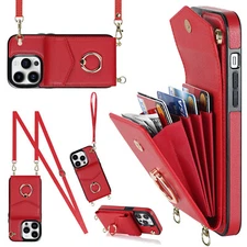 Leather Card Stand Wallet Case +Ring Holder Flip Shoulder Bag Phone Back Cover