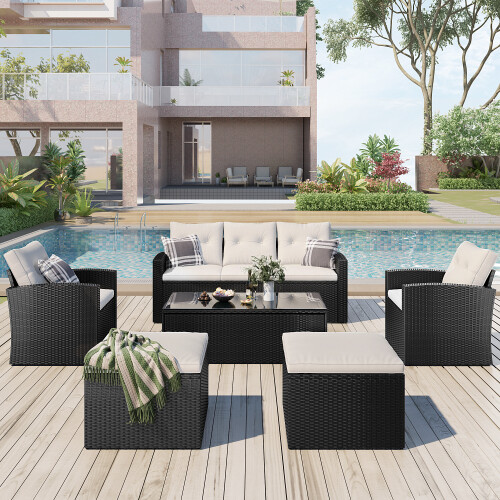 6 piece Wicker PE Rattan Patio Dining Conversation Sectional Set Sofas - Picture 15 of 25