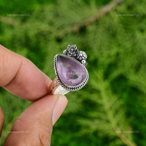Natural African Amethyst Solitaire Flower Purple Adjustable Ring 925 Silver