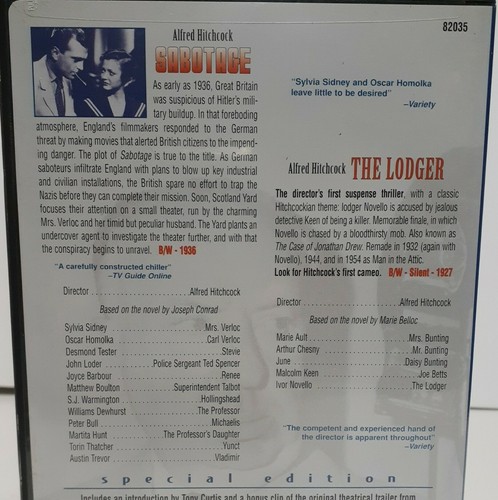 Alfred Hitchcock Special Edition: Sabotage/The Lodger (DVD, 1999) Good condition - Imagen 3 de 5