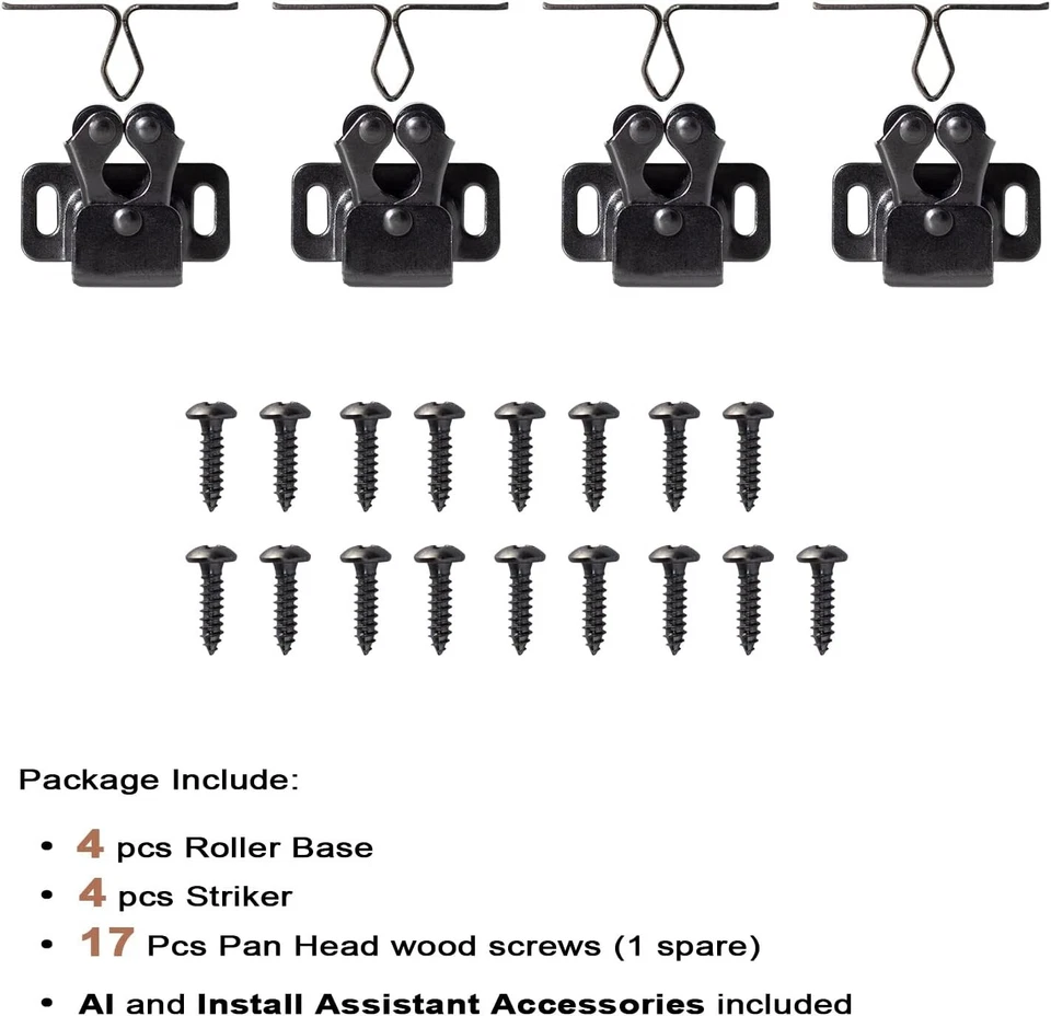 Juego de pestillos de gabinete de doble rodillo de níquel negro duradero - 4 piezas listas para instalar Foto 4 de 4