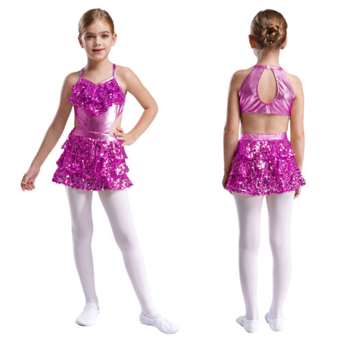 Girls Sundress Ballerina Skirt Shiny Dress Cutout Dress Up Performance Uniform - Picture 43 of 95