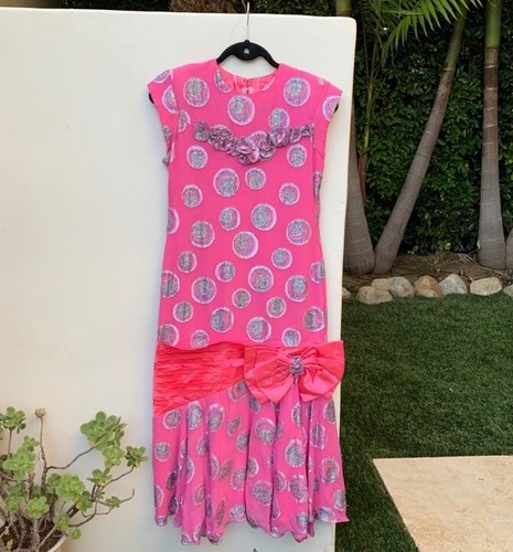 Abito midi vintage anni 80 rosa caldo e argento metallizzato glam rock M stravagante Fairycore - Foto 8 di 13