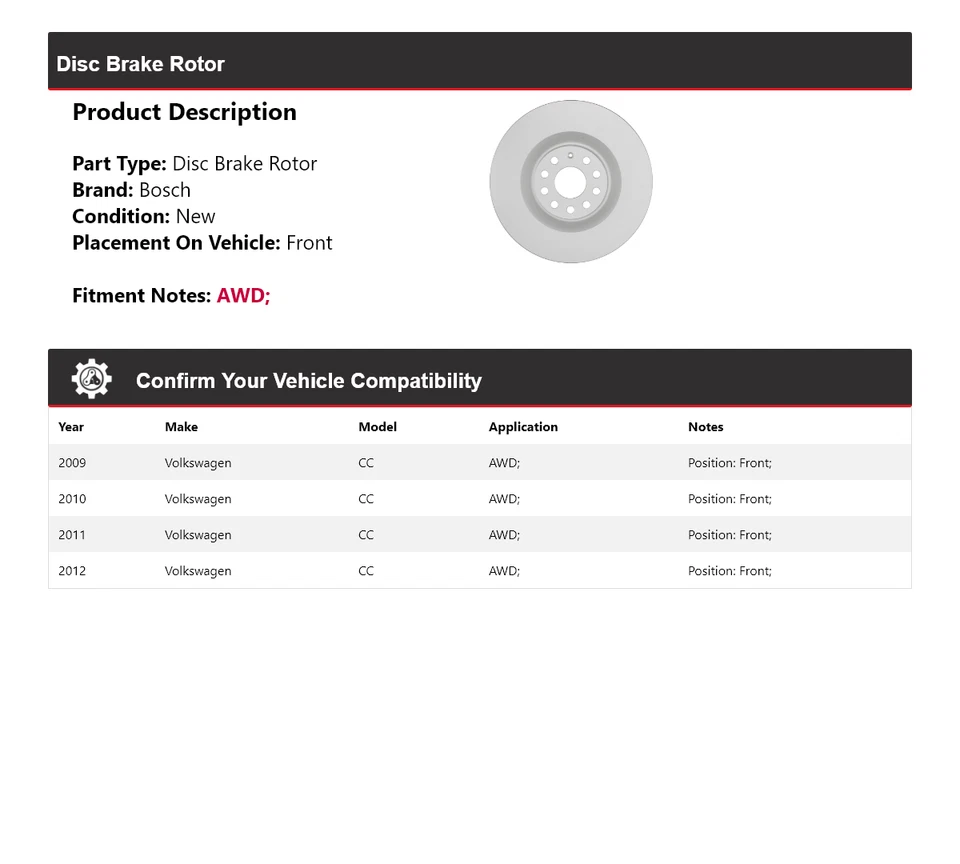 Rotor de freno de disco delantero para Volkswagen CC 2009-2012 AWD Bosch QuietCast 2010 2011 Foto 2 de 4