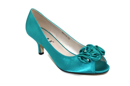 WOMENS LADIES LOW MID KITTEN HEEL PEEP TOE SATIN FLOWER BRIDAL WEDDING PARTY - Picture 13 of 31