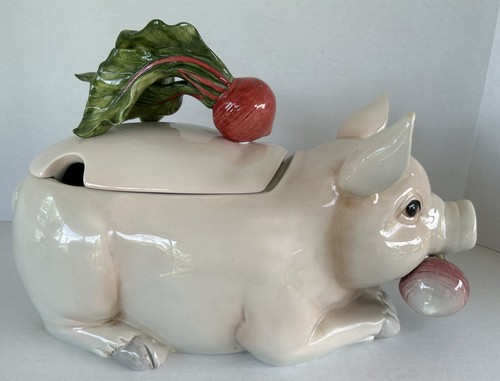 Fitz Floyd Garden French Market Figural Pig Sculptured Soup Tureen Platter Ladle - Picture 14 of 21