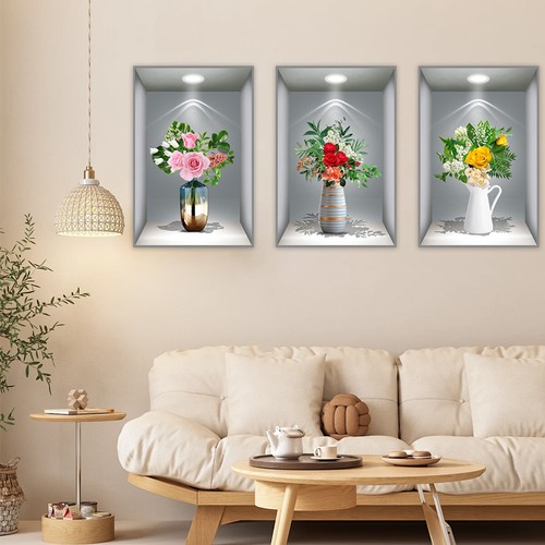 3 pcs 3D Flowers Vase Vinyl Stickers Living Room Wall Decals Home Decor (Set A) - Picture 4 of 10
