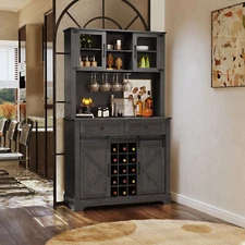 72'' Farmhouse Wine Bar Cabinet Buffet with Liquor Glasses Rack & Drawers Gray