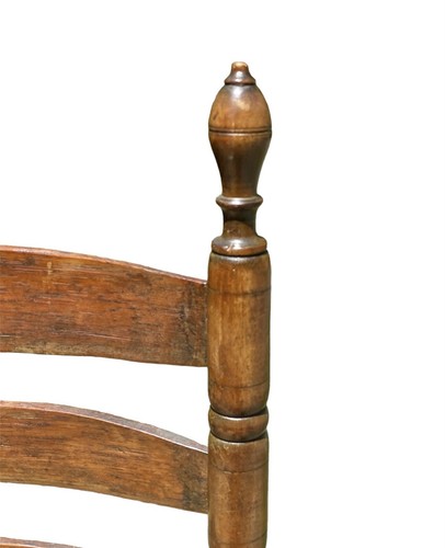 EARLY QUEEN ANNE PERIOD WALNUT & OAK LADDERBACK GREAT CHAIR WITH RAM'S HEAD ARMS - Picture 8 of 14