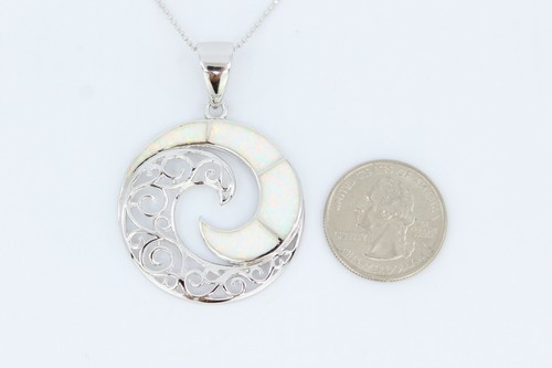 Hawaiian Wave Necklace 925 Sterling Silver w Lab-Created Opal White - 925 Chain - Picture 4 of 6