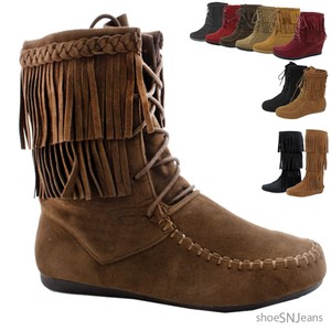 NEW-Women-Fashion-Comfy-Lace-Up-Fringe-Ankle-High-Boot-Moccasin-Flat-Heel-Shoes