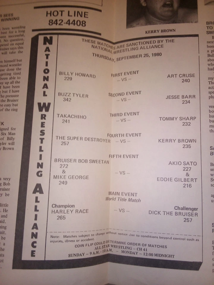 RACE vs Dick BRUISER NWA campeón Brody programa de lucha 1980 WWF KANSAS City awa Foto 3 de 4