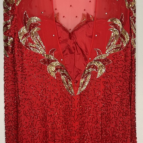 Vintage schwarze Krawatte Neiman Marcus Seide Perlenkleid festlich rot und gold - Bild 5 von 10