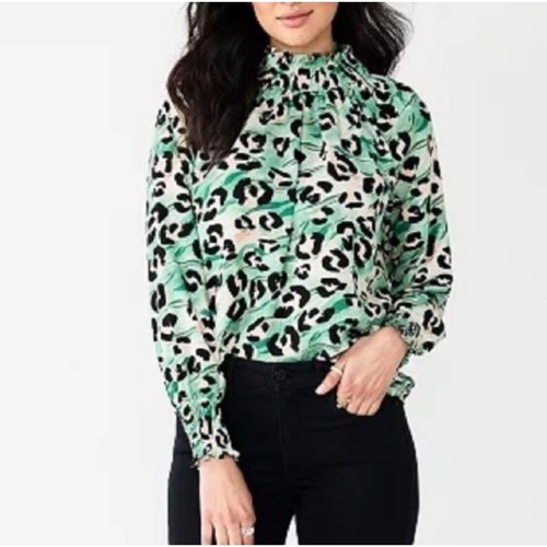 Nine West Leopard Print Mock Neck Blouse Green Elastic Frills Shirred Top Size L - Picture 10 of 10