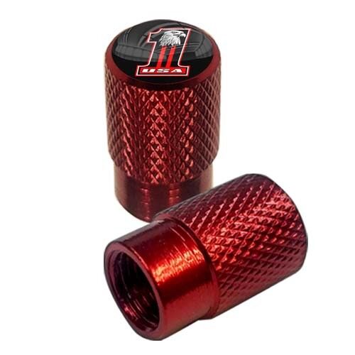 2 Red Aluminum Diamond Knurled Cycle Tire Air Valve Stem Caps - USA #1 EAGLE NO - Picture 1 of 5