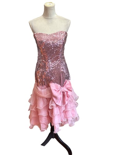 Vintage Pink Strapless Sequin Dress Ruffled Chiffon Skirt & Bow Detail Prom Sz M - Picture 13 of 16