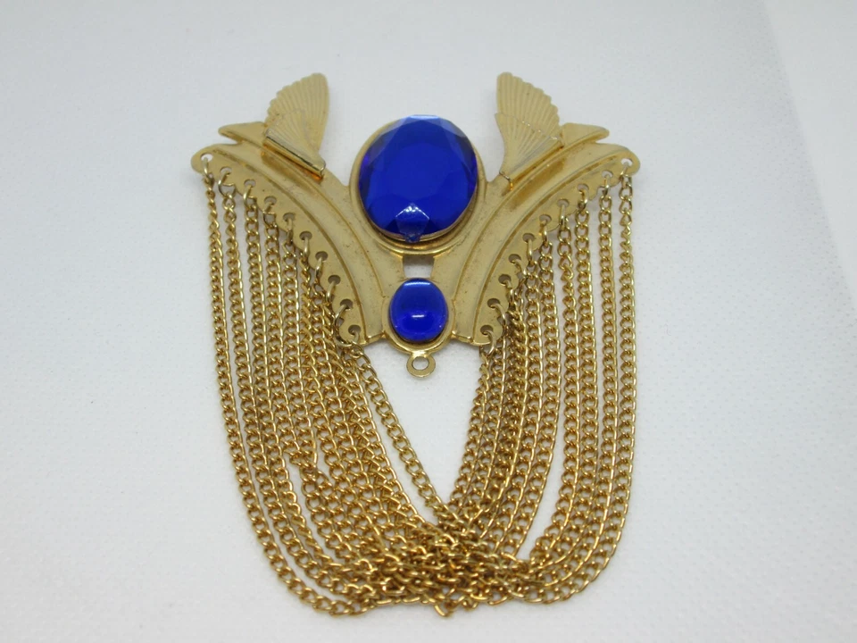 Broche prendedor grande vintage aspecto alado piedras azul oscuro tono dorado ~3 3/4" x 2 1/2"