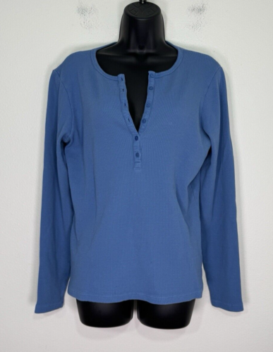 American Giant Shirt Women XL Blue Waffle Thermal Henley Top USA Made