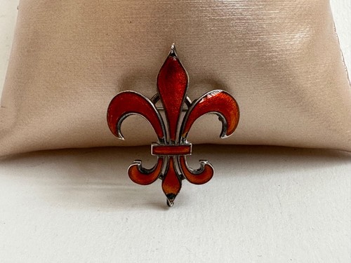 Antique Victorian Sterling Silver Red Guilloche Fleur De Lis Watch Clip Pin - Picture 2 of 5