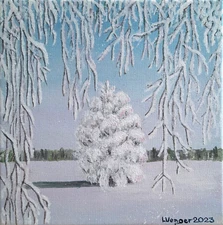 Original Winter Landscape Painting – Snowy Field and Birch Branches