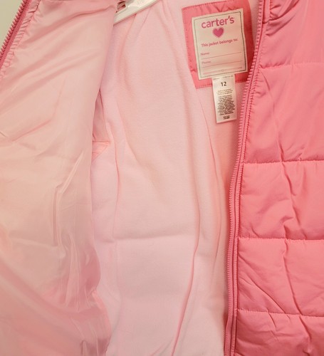 Carter's Girls Size 12 Puffer Jacket Pink Fleece Lined Hooded NWT $44 - Picture 5 of 11