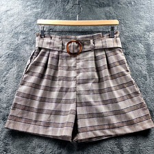 New VALLEYGIRL Womens Shorts Size 12 Brown Ivory Blue Check Pleated Front Belt