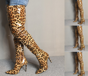 Women-Pointy-Toe-High-Stiletto-Heel-Shoes-Over-Knee-Thigh-Boots-Side-Zip-Leopard