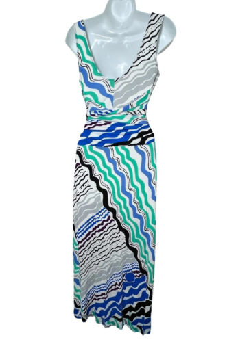 Tracy Reese Dress Women's S Sleeveless Wave Print Maxi Ruched Waist Tie Beach - Picture 3 of 11
