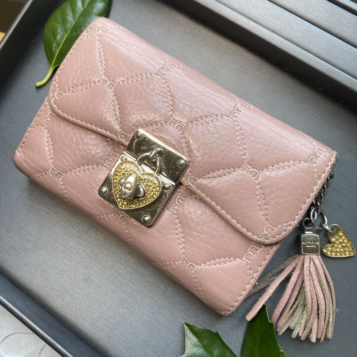 Omnia Crystal Heart Pink Leather Wallet Y2K Vintage Logo Omnia Crystal Heart Pink Leather Wallet Y2K Vintage Logo