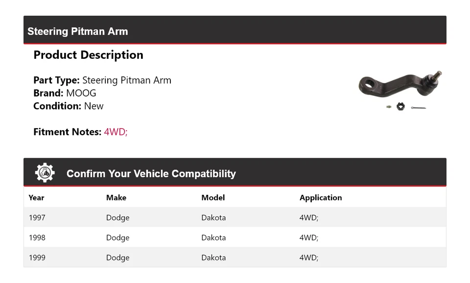 Braço Pitman de direção 4WD Dodge Dakota 1997-1999 MOOG 1997 1998 1999 - Imagem 2 de 4