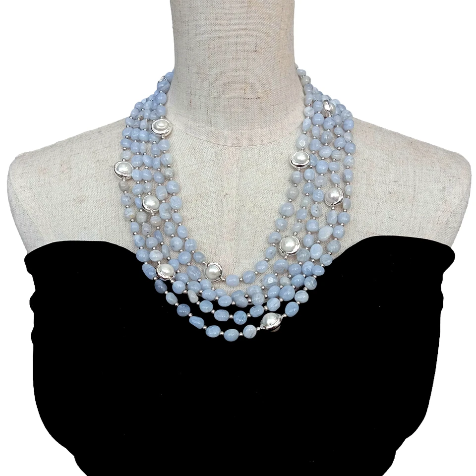 5 Strands Natural Blue Lace Agate Cultured White Pearl Necklace Jewelry Femme - Image 2 of 4